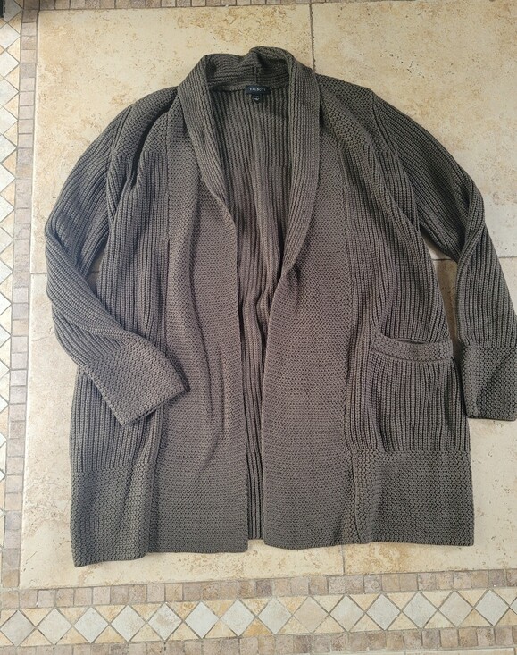 Talbots Sweaters - Talbots Olive Knit Shawl-Collar Open Cardigan